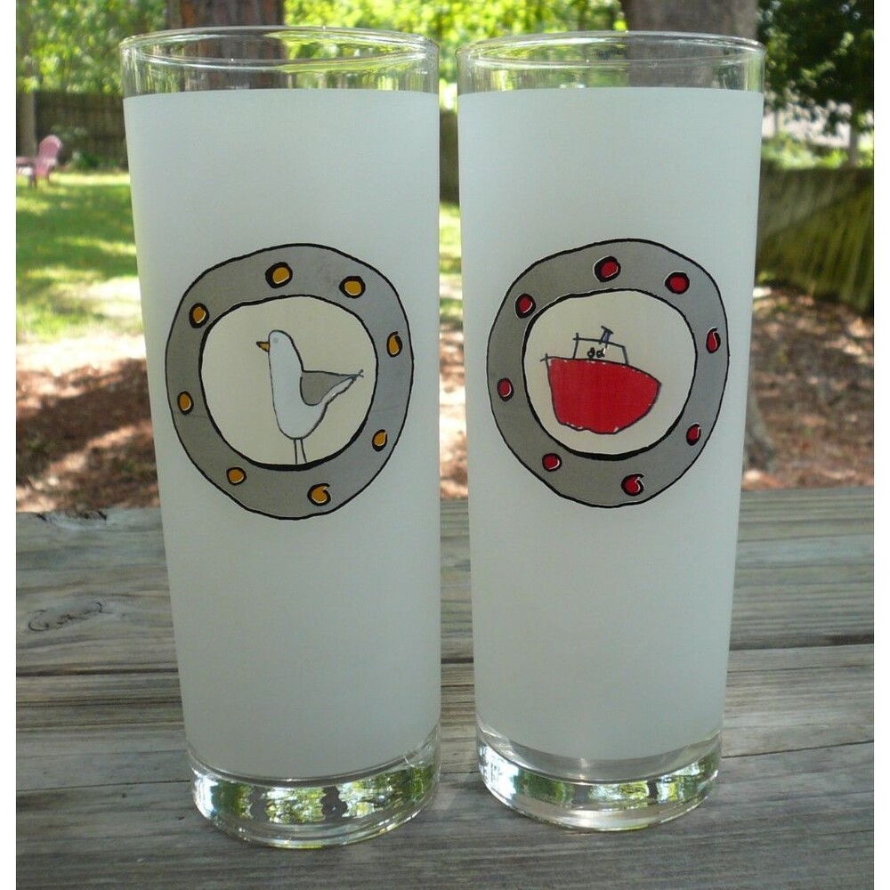 Dartington Designs France 2 Nautical Porthole Seagull Tugboat Highball Glasses